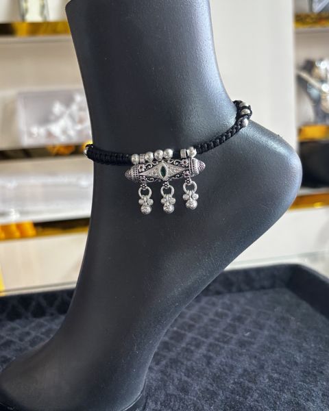 Silver payal on black beads with hanging drops